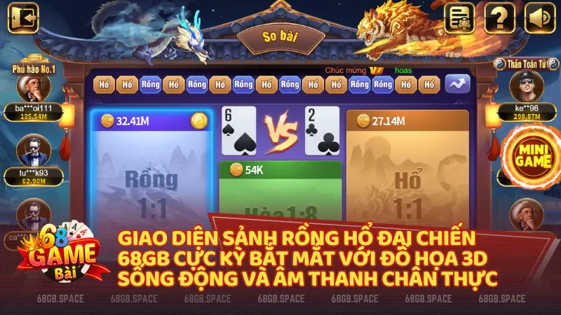 Giao diện sảnh Rồng hổ đại chiến 68gb cực kỳ bắt mắt với đồ họa 3D sống động và âm thanh chân thực.